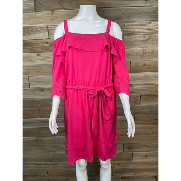 NEW Talbots Cold Shoulder Dress Small Pink Off Shoulder Tie Waist Knit Beach - Picture 2 of 8